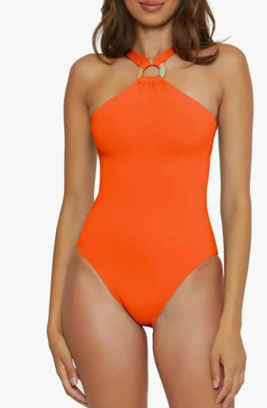 BECCA Women's Baja Mar One Piece Swimsuit Large Orange Carrot High Neck NWT